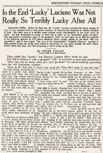 Article by Oscar Fraley as published in Bridgeport Post of Feb. 4, 1962. Fraley later coauthored (with Sal Vizzini and Marshall Smith) a book related to "Lucky Luciano."