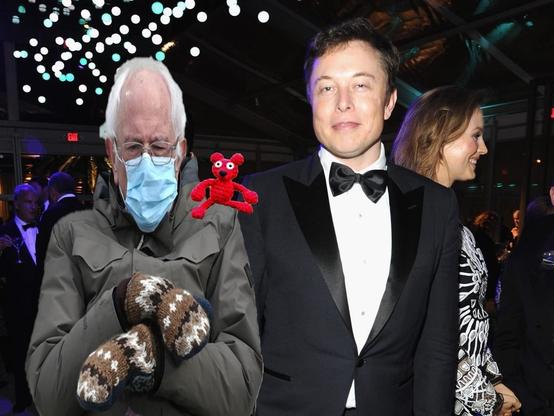 A #DigitallyEnhanced photo of #ElonMusk, where the notorious "socialite," sex-trafficker and #JeffreyEpstein "enabler," #GhislaineMaxwell has been superimposed with #BernieSaunders wearing mittens (taken from #JoeBiden's #PresidentialInauguration) and #RedBeanBear...