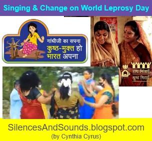 Image of three awareness campaign videos from India, one cartoon cover, one of women dancing in a circle and one an award-winning film short with two characters and, in the corner, a logo of four connected stick-type figures, with the words of the final message: “join hands: eradicate leprosy.”