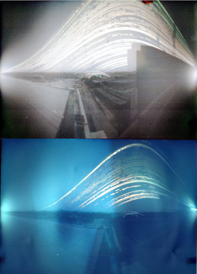 2 pictures stacked vertcially.  The top one is a greyscale image showing the broken tracks of the sun and the ghostly outline of The Sage.  The bottom is the same view but different, and blue tinted.