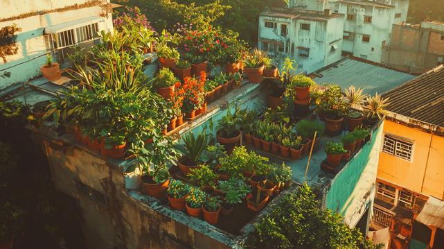 A sun-drenched Rio de Janeiro favela rooftop covered in lush green plants and tropical succulents, colorful flowering kalanchoe cascading down concrete walls, rustic terracotta pots scattered about, aerial view showing a patchwork of green garden roofs amidst traditional favela architecture, warm golden afternoon light, photojournalistic style, high detail, soft volumetric lighting --ar 16:9 --style raw --q 2