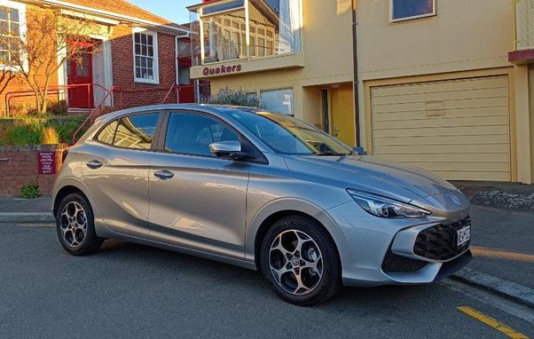Silver MG 3 Essence Hybrid plus, front three-quarter view, parked in Te Whanganui-a-Tara, Aotearoa/Wellington, New Zealand.