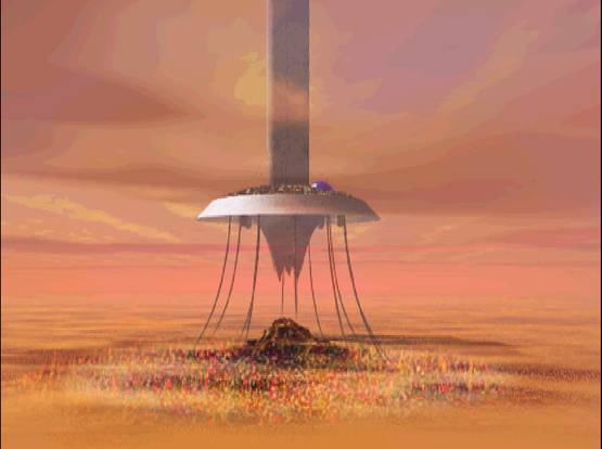 Alita ps1 game screenshot showing Tiphares over the Scrapyard