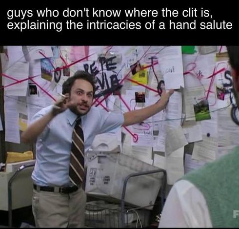 Picture of old school detective style photo board with threads captioned "guys who don't know where the clit is explaining the intricacies of a hand salute"