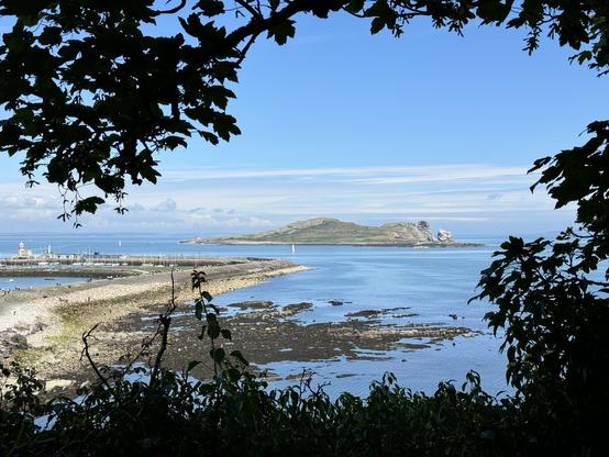 View from Howth, Ireland, to Ireland's Eye across the east pier. The view is framed by a tree branch going across the photo.
