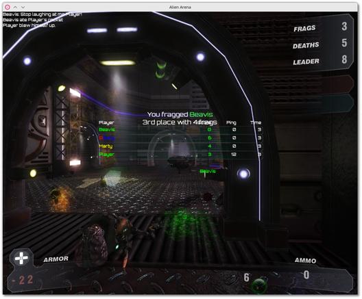 🕶️ An FPS view at the end of a game (v. 7.71.7, on my PC), I've just fragged Beavis, an alien (an AI), his green blood is spattered on the ground (and the alien will soon ‘evaporate’), a score table is displayed in the centre of the screen, and an end result (number of frags, deaths and leader) is displayed in the top right-hand corner.

📚️ Alien Arena (Alien Arena: Warriors of Mars, formely CodeRED: Alien Arena) is a partially libre (free data) FPS, with a multiplayer focus (single-player against AIs is available for training purposes) on a retro-scientific theme straight out of the film Mars Attack (by Tim Burton) and with gameplay that mixes Unreal Tournament and Quake, all in commercial quality. The game is packed with graphical effects (fog, dynamic lighting, light distortion and rain effects), Doppler sound effects, Ragdolls physics, dozens of high-quality maps with or without AIs, a host of weapons, a simple lobby client, the ability to host games and a fast-paced soundtrack.