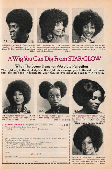Men and women pose for star glow wigs. Many different styles of wigs.