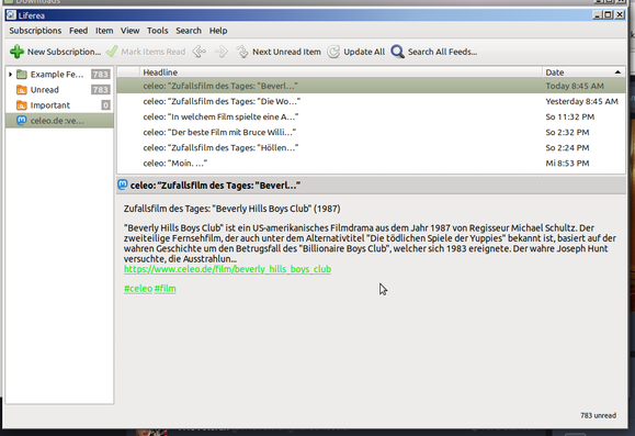 Screenshot RSS-Feedreader Liferea mit https://norden.social/@celeo.rss als Quelle