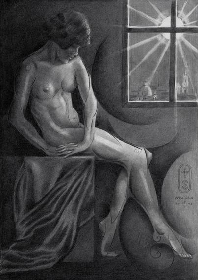 Trude Fleischmann

This graphite pencil drawing ‘Neo Deco – 25-01-25’ is born out of admiration of the works of Austrian photographer Trude Fleischmann. Whose work I had the privilege to see in Museum Arnhem as explained in my previous pastel ‘Neo Deco – 12-01-25’. There were and odd 4 photos of her present and they were all brilliant in their own right. The second that struck me became the motif of this drawing.

Solving a Compositional Problem

First I had an execution in mind similar to ‘Roundism – 25-12-17 (Sold)’. Somehow I associated the artistic motif at hand with that one. Soon I thought of something different. Sheer styling after my old Roundism fashion doesn’t inspire me much anymore. Then again I thought of the empty space in the right section above the middle. This would eventually become an artwork tending heavily towards the chiaroscuro side. So I immediately thought of a recent drawing ‘Sans Titre – 30-10-24 (Lauren Bacall)’. Introducing a window with a full moon in it would solve a compositional problem I faced. All things round and slanted could need a bit of straight vertical and horizontal structures. This way I had a square cube she is sitting on. Then all her roundish glory slanted in the middle and a cube in the upper right corner. Just my cup of tea.

Claire Bauroff

That didn’t satisfy my whim down yet. The window and the moon were fine alright but I wanted to have some reference to Trude.