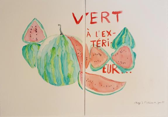Dessin d'une pastèque découpée peinte à l'aquarelle avec écrit "Vert à l'extérieur..."