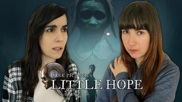 Dunkel y Rena con cara de preocupación. Al fondo está el protagonista de Little Hope y una niña con aspecto demacrado simbolizando una maldición de una bruja.