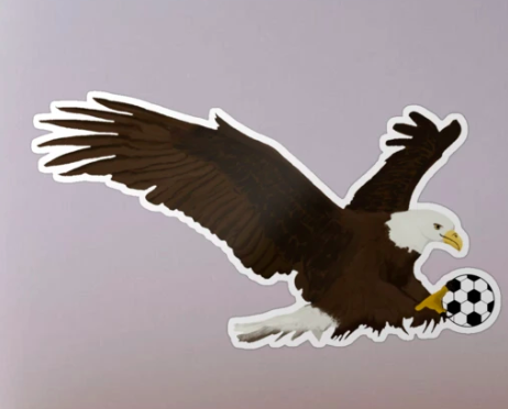 Our eagle mascot is playing soccer, shown on a sticker.