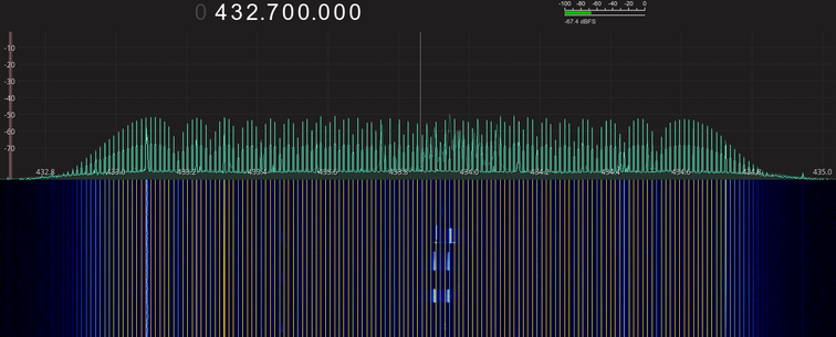 Screen capture of the whole ISM433 with rays of signal every 12kHz using GQRX + RTL-SDR USB key.