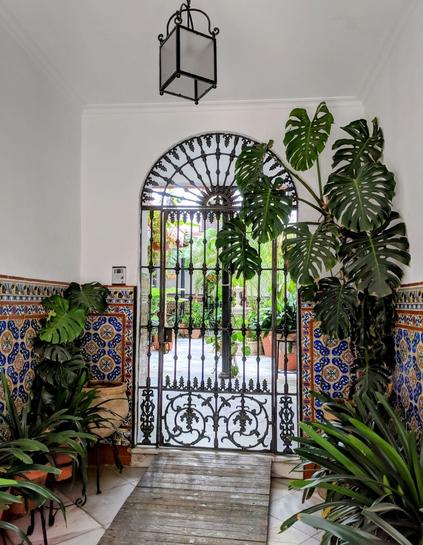 A welcoming entrance to a Spanish courtyard. Lush potted plants, including a large Monstera, flank a wooden walkway leading to an ornate wrought iron gate. The walls are adorned with colorful tiles, and a vintage lantern hangs from the ceiling.