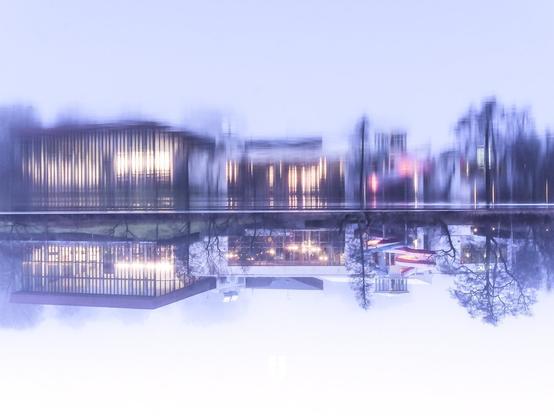 The view from across the lake. The photo as been inverted (upside down). The water reflects the building on the other side of the lake, causing a nice mirroring effect.