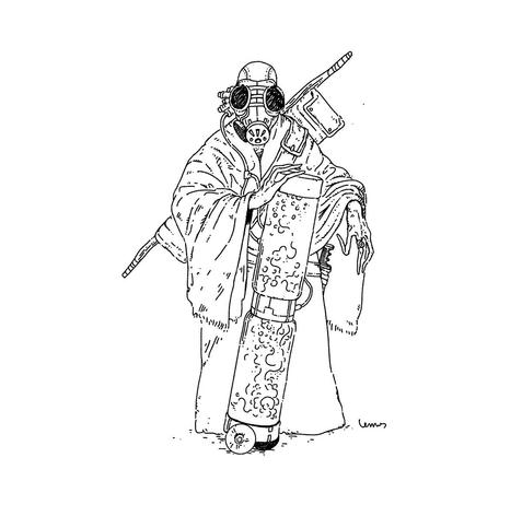 Drawing of a guy dressed to survive in the desert, holding a tank of a strange liquid, and wearing a gas mask