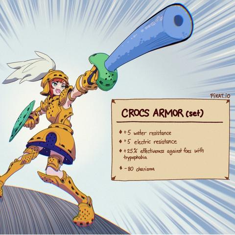 Drawing by pikat of a someone wearing medieval armor except it's made out of the same material Crocs shoes are made out of They even have a shield and sword (pool noodle with a guard).

CROCS ARMOR (set)
• +5 water resistance
• +5 electrical resistance
• +25% Effectiveness against foes with trypophobia
• -80 charisma
