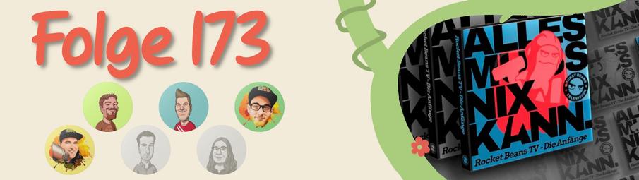 Links im Bild: "Folge 173". Darunter sind die Caster*innen zu sehen, wobei die, die in dieser Ausgabe nicht dabei sind, ausgegraut sind. Rechte Seite: Vorschaubild zum neuen RBTV Coffee Table Book