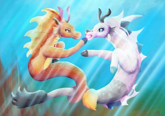 An orange and a silvery sea monster wrapped up in one another underwater, the orange one is placing a magically glowing orb into the other's mouth playfully.