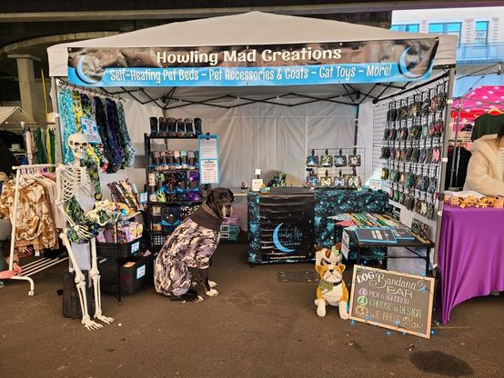 full shot of Howling Mad Creations booth/tent. a skeleton is wearing a fleece sling carrying a dog skeleton. An assortment of slings are next to the skeleton. There are self-heating dog beds, dog bow ties and flowers and catnip cat toys for sale. Murdock, the 175 lb Great Dane sits in front wearing jammies (not for sale) to stay warm in a camo print.