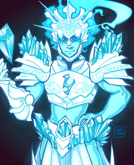 A portrait of a friendly-looking elemental ice spirit with cyan skin and flowing magical hair. He is wearing what *I guess* I would describe as an armour crop top with huge ice crystal encrusted shoulder guards, a snowflake-like helmet which leaves his face exposed, and a breechcloth. All his armour is white. He is floating a large ice crystal in one hand, and the other is on his hip.