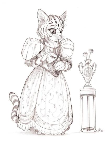 A pencil drawing showing a cute anthro tabby cat lady wearing a Biedermeier dress, she is picking petals from a flower with her fingers, next to her is a small table with a vase with flowers in it.