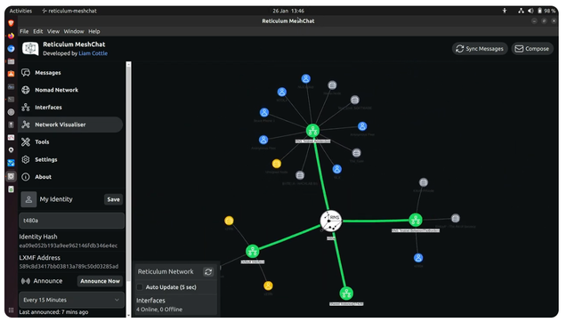 screenshot from video showing the nomad net represented as a spider diagram in the meshchat software