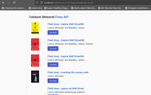 Kuvakaappaus paikallisella koneella pyörivästä bookwyrm sivusta jonka hakutuloksissa näkyy Finna API:n tulokset Flash boys hakusanalle