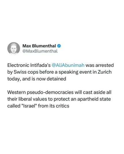 A series of images (and I'm on my phone so I'm sorry for not typing all of them) on Swiss journalist Ali Abunimah being arrested by Swiss cops for publishing on Palestine. Switzerland is not neutral, it is pro-genocide. All journalists should be concerned and outraged about this