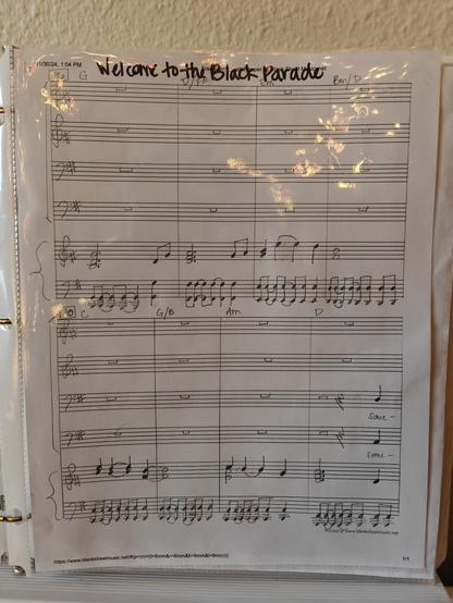 Sheet of SATB choir music, page 5 of my own arrangement of Welcome to the Black Parade