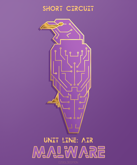 Design for an enamel pin made to look like a purple printed circuit board (PCB) in the shape of a perched raven. Text on the image says: "Short Circuit", "Unit Line: Air", and "Malware".