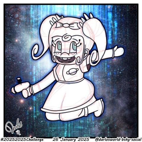 Drawing of Misc Void's character Astrid Nova Hope, Space Girl drawn for a Draw This in Your Style challenge. The background is a mix of two default backgrounds from within Clip Studio Paint.