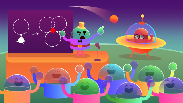 Major Bubble explains the plan to detect the location of the asteroids to the Bubble People. On the side, the spaceship is ready to go. An asteroid looms over the horizon.