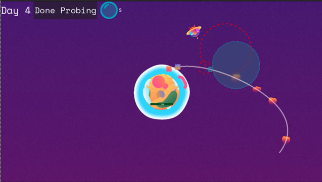 Screenshot of the game. It shows an abstract-looking planet and a cute spaceship next to a soap bubble. There is an asteroid path that intersect with the planet.