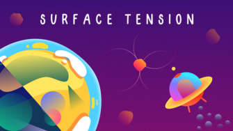 The game's title. It shows the planet on the left, the ship on the right. There's a few asteroids around. The title is Surface Tension.