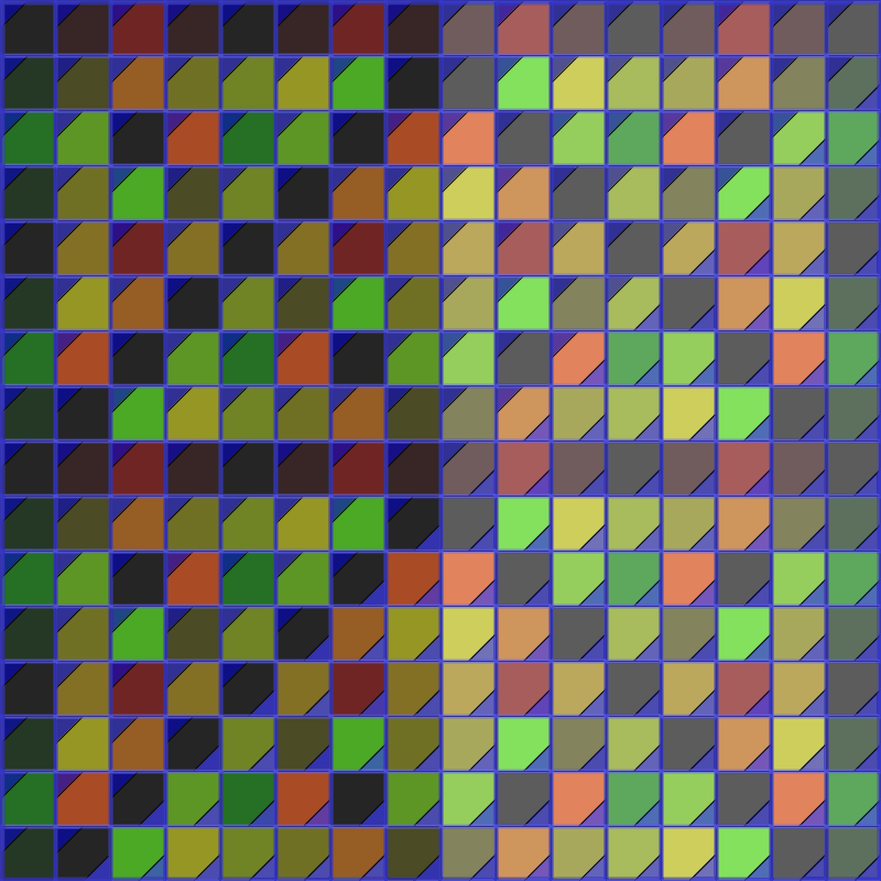 A symmetric pattern of sqares in warm colors, some of them wirth a blue triangle in the top-left corner or in the opposite corner; blue grid lines.
.