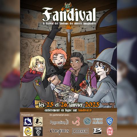 Fandival, le festival des fandoms des univers imaginaires
Les 25 et 26 janvier 2025 entièrement en ligne sur fandival.fr
Présenté par La Garde de Nuit, La Gazette du Sorcier, Tolkiendil et La Pierre de Tear.
En partenariat avec Pygmalion, Bourgois, Huginn & Muninn, Warner Bros, Chimères, Pocket, Bragelonne, J'ai Lu.