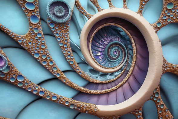 A carved and molded detail of a wall with a shell-inspired spiral design, with intricate textured blue and purple layers, accented by gold detailing and iridescent paint.