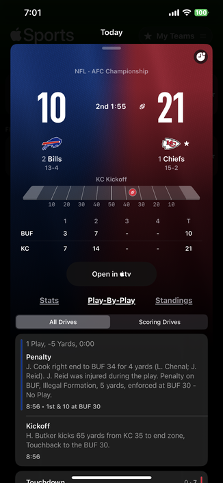 Screenshot of an NFL AFC Championship game summary showing the Kansas City Chiefs leading the Buffalo Bills 21-10 with 1:55 left in the 2nd quarter. Below, play-by-play details include a penalty on Buffalo and a touchback from a Chiefs kickoff. Stats and standings are accessible via tabs.