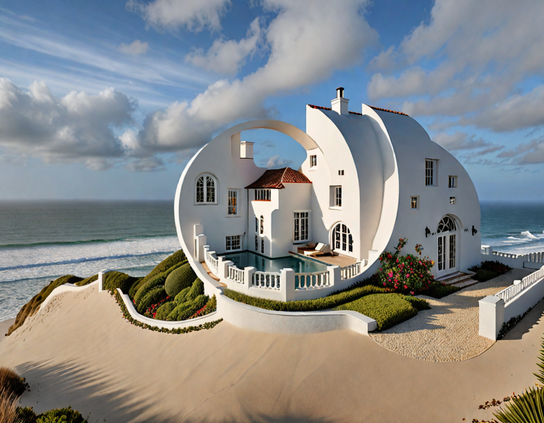A stunning beach house with futuristic circular architectural elements, white walls, and a central pool, overlooking the ocean under a clear blue sky.