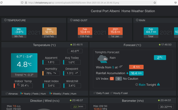 Slick looking weather station display "Central Port Alberni Home Weather Station"