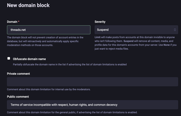 A screenshot of a domain block for Meta's "Threads" service.

The reasoning given is "Terms of service incompatible with respect, human rights, and common decency."