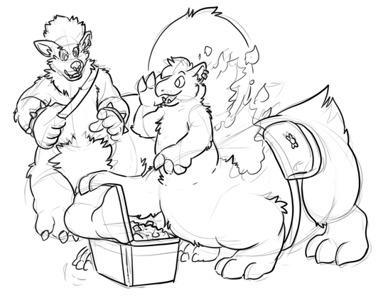 Flint the Typhlosion taur opening a treasure chest with Licos turned into an Arcanine taur.