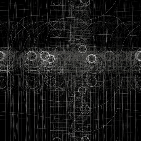 Grey lines on a black background. Lines follow a path, some straight, some curved forming arcs and circles. There is some rough symmetry between parts of the image.