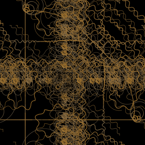 Light brown lines on a black background. The image shows diagonal symmetry running from the top-left to the bottom-right. Lines range from straight, to meandering along a curve, with many having a sin path applied to them with the amplitude and frequency changing over the duration.