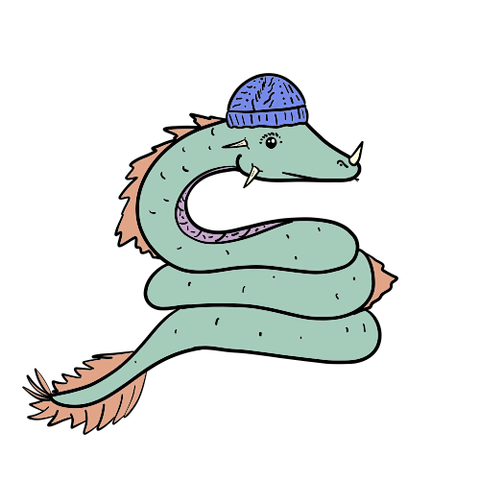 A wyrm coiled with a beanie - sketch with green wyrm, orange highlights an blue beanie.