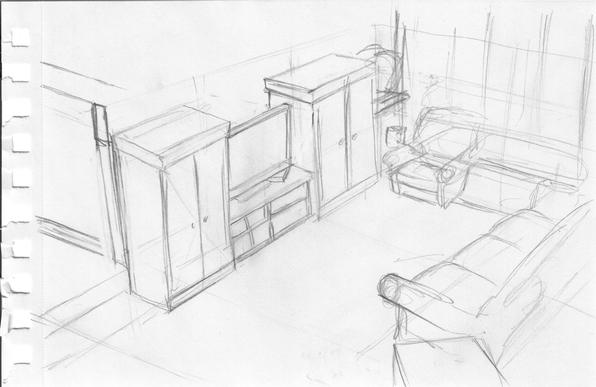 Pencil sketch of my living room from memory. Just line art, no shading. There's 2 cabinets, a tv set and entertainment center, a couch and a sofa, and a small side table. Sketch from an overhead, 3/4 viewpoint looking down into the room.