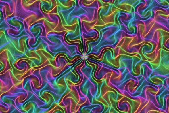 Multi-colored three-way symmetric flow field of thin crossing lines looking like silken fabric twisted in numerous colorful spirals radiating out from the center.
