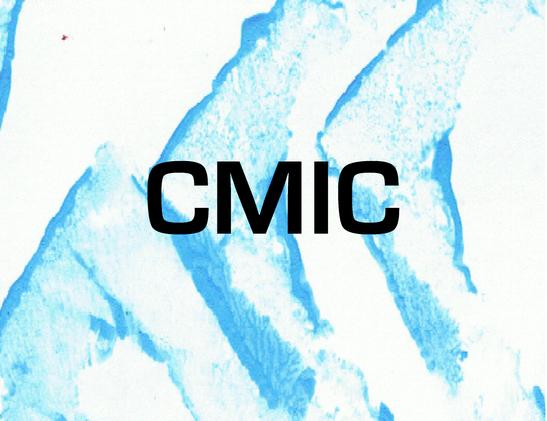 The letters CMIC in black on an abstract white and blue background