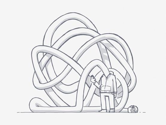 Illustration of me standing looking at my phone, but my neck has exploded into a long noodle all over the place.